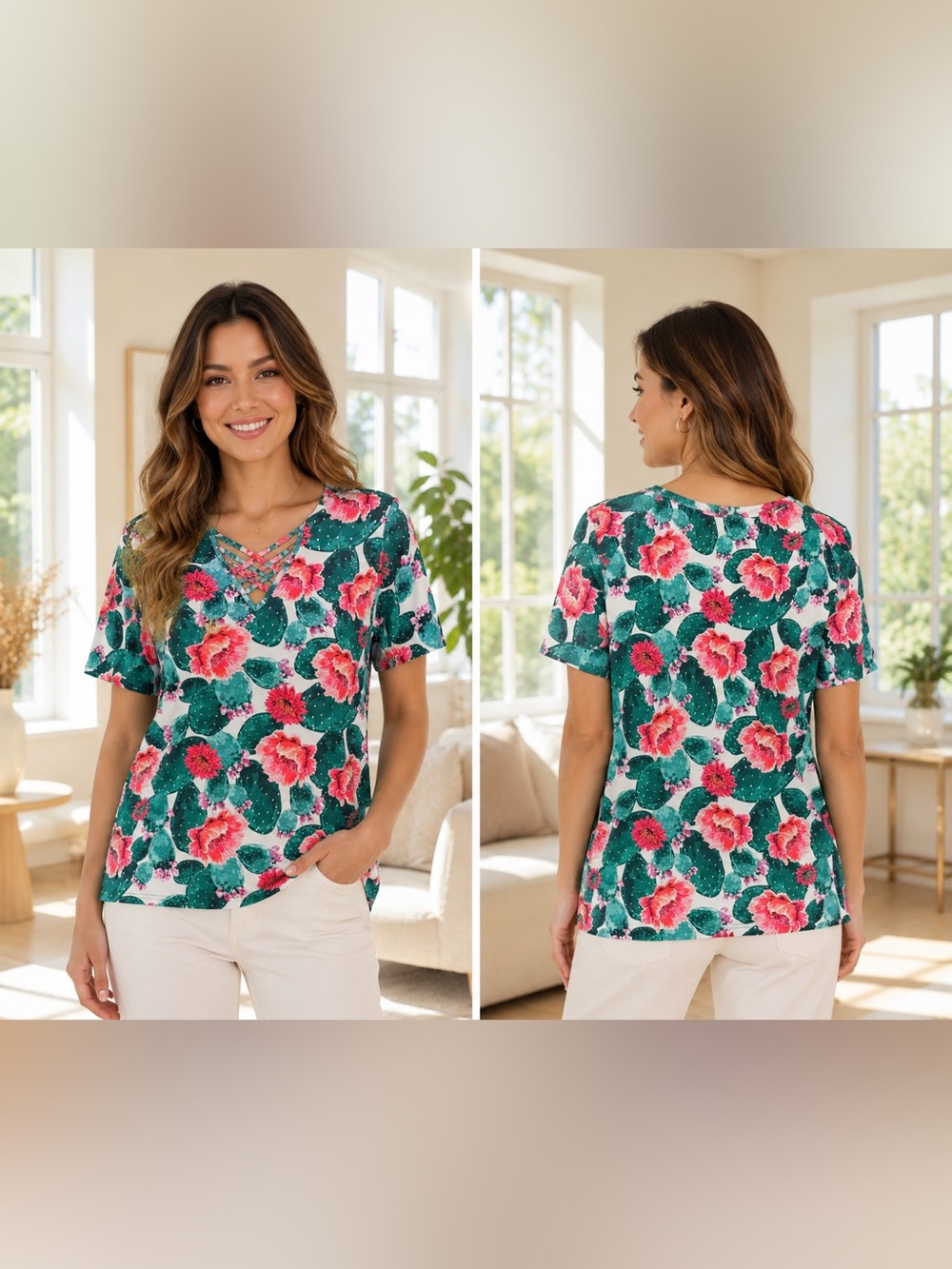 Southern Stitch Teal & Pink Cactus Floral Lattice V-Neck Short Sleeve Top XL GUC